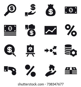 16 vector icon set : dollar magnifier, investment, money bag, money, money gift, statistic, percent, dollar arrow, presentation, core splitting, virtual mining, hand coin, real estate