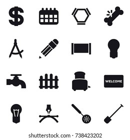 16 vector icon set : dollar, calendar, hex molecule, draw compass, pencil, fence, bulb, water tap, toaster, welcome mat, skimmer, shovel