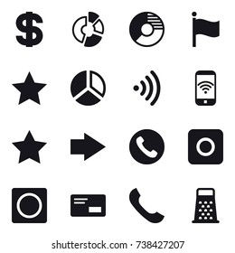 16 vector icon set : dollar, circle diagram, flag, star, diagram, wireless, phone wireless, right arrow, phone, ring button