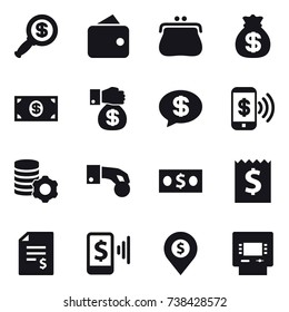 16 vector icon set : dollar magnifier, wallet, purse, money bag, money, money gift, money message, phone pay, virtual mining, hand coin, receipt, account balance, mobile pay, dollar pin, atm