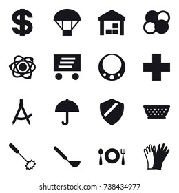 16 vector icon set : dollar, parachute, warehouse, atom core, atom, delivery, necklace, draw compass, kolander, whisk, ladle, gloves