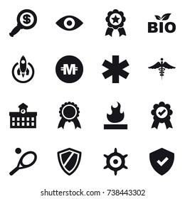 16 vector icon set : dollar magnifier, eye, medal, bio, rocket, crypto currency, university, tennis, shield, handwheel