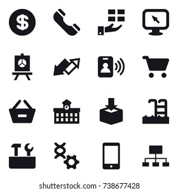16 vector icon set : dollar, phone, gift, monitor arrow, presentation, up down arrow, pass card, cart, remove from basket, university, pool, repair tools, hierarchy