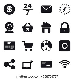 16 vector icon set : dollar, 24/7, mail, lightning, web cam, delete cart, home, lock, earth, ring button