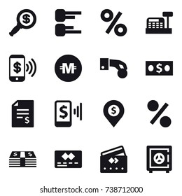 16 vector icon set : dollar magnifier, diagram, percent, cashbox, phone pay, crypto currency, hand coin, money, account balance, mobile pay, dollar pin, credit card, safe