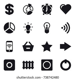16 vector icon set : dollar, circle diagram, alarm clock, heart, diagram, bulb, wireless, phone wireless, remove from basket, star, right arrow, ring button, radiator