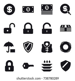 16 vector icon set : dollar, money, dollar arrow, unlock, lock, shield, life vest, lifebuoy, locked, key, plate washing