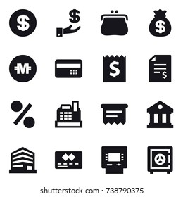 16 vector icon set : dollar, investment, purse, money bag, crypto currency, credit card, receipt, account balance, percent, cashbox, atm receipt, library, atm, safe
