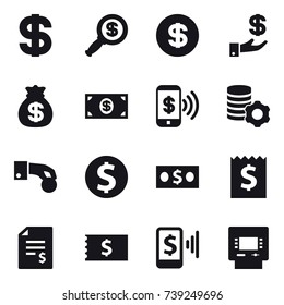 16 vector icon set : dollar, dollar magnifier, investment, money bag, money, phone pay, virtual mining, hand coin, dollar coin, receipt, account balance, mobile pay, atm