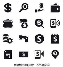 16 vector icon set : dollar, dollar magnifier, investment, wallet, purse, money gift, dollar arrow, phone pay, virtual mining, hand coin, dollar coin, receipt, account balance, mobile pay