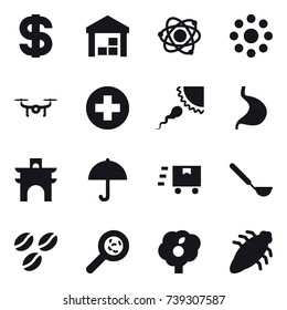 16 vector icon set : dollar, warehouse, atom, round around, drone, arch, ladle, coffee seeds, viruses, garden, bug