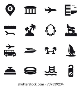 16 vector icon set : dollar pin, airport building, plane, hotel, lounger, island, hawaiian wreath, aquapark, transfer, yacht, palm hammock, windsurfing, service bell, inflatable pool, pool