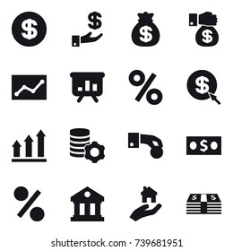 16 vector icon set : dollar, investment, money bag, money gift, statistic, presentation, percent, dollar arrow, graph up, virtual mining, hand coin, money, library, real estate