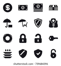 16 vector icon set : dollar, money, lounger, shield, life vest, lifebuoy, locked, unlocked, key, plate washing