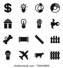 16 vector icon set : dollar, bulb, circle diagram, gift, satellite, fence, ruler, cow