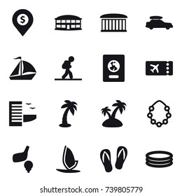 16 vector icon set : dollar pin, airport building, car baggage, sail boat, tourist, passport, ticket, hotel, palm, island, hawaiian wreath, golf, windsurfing, flip-flops, inflatable pool