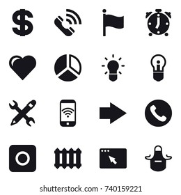 16 vector icon set : dollar, call, flag, alarm clock, heart, diagram, bulb, pencil wrench, phone wireless, right arrow, phone, ring button, radiator, apron
