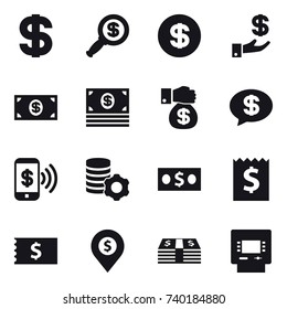 16 vector icon set : dollar, dollar magnifier, investment, money, money gift, money message, phone pay, virtual mining, receipt, dollar pin, atm