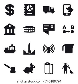 16 vector icon set : dollar, annual report, truck, touch, library, airport building, baggage checking, measuring cup, turk, rabbit, paper towel, brooming