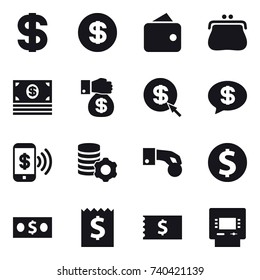 16 vector icon set : dollar, wallet, purse, money, money gift, dollar arrow, money message, phone pay, virtual mining, hand coin, dollar coin, receipt, atm