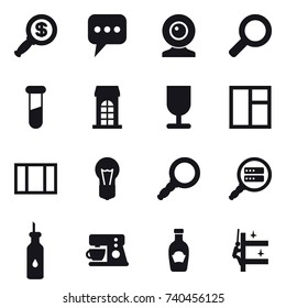 16 vector icon set : dollar magnifier, message, web cam, building, window, skyscrapers cleaning