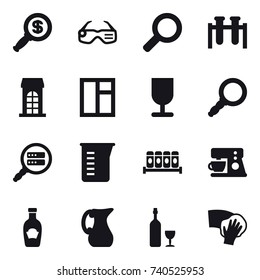 16 vector icon set : dollar magnifier, smart glasses, building, window, measuring cup, jug, wine, wiping