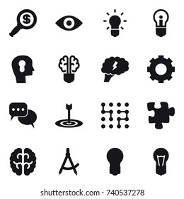 16 vector icon set : dollar magnifier, eye, bulb, bulb head, bulb brain, brain, gear, discussion, target, chip, puzzle, draw compass