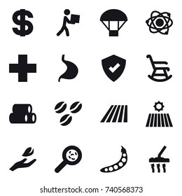 16 vector icon set : dollar, courier, parachute, atom, rocking chair, coffee seeds, field, hand leaf, viruses, peas, vacuum cleaner