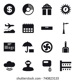 16 vector icon set : dollar, circle diagram, gift, sun power, weather management, level, outdoor light, cooler fan, scoop, watering