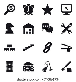 16 vector icon set : dollar magnifier, alarm clock, star, monitor arrow, chess horse, warehouse, discussion, pencil wrench, block wall, stairs, garlic clasp, cheese, vacuum cleaner, toilet brush