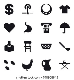 16 vector icon set : dollar, laser, necklace, t-shirt, column, chair, kolander, ladle, seeds, chicken, jug, iron board