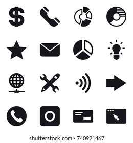 16 vector icon set : dollar, phone, circle diagram, star, mail, diagram, bulb, globe connect, pencil wrench, wireless, right arrow, ring button