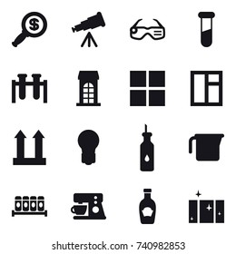 16 vector icon set : dollar magnifier, telescope, smart glasses, building, window, bulb, measuring cup, clean  window