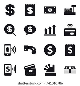 16 vector icon set : dollar, receipt, money, cashbox, dollar arrow, money message, graph up, tap to pay, phone pay, hand coin, dollar coin, mobile pay, credit card