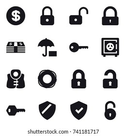16 vector icon set : dollar, lock, unlock, key, safe, life vest, lifebuoy, locked, unlocked