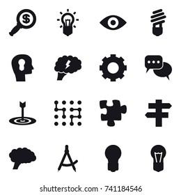 16 vector icon set : dollar magnifier, bulb, eye, bulb head, brain, gear, discussion, target, chip, puzzle, singlepost, draw compass