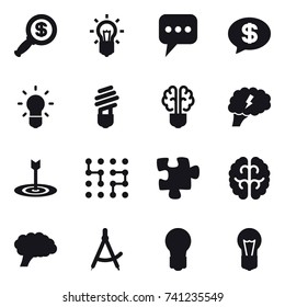 16 vector icon set : dollar magnifier, bulb, message, money message, bulb brain, brain, target, chip, puzzle, draw compass