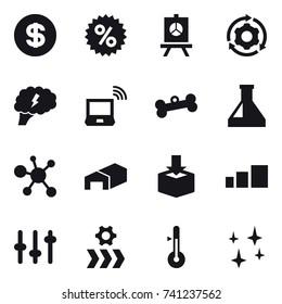 16 vector icon set : dollar, percent, presentation, around gear, brain, notebook wireless, bone, warehouse, thermometer, shining