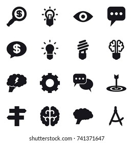 16 vector icon set : dollar magnifier, bulb, eye, message, money message, bulb brain, brain, gear, discussion, target, singlepost, draw compass