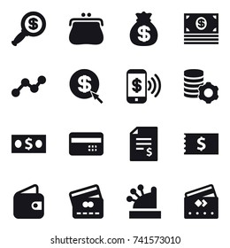 16 vector icon set : dollar magnifier, purse, money bag, money, graph, dollar arrow, phone pay, virtual mining, credit card, account balance, receipt, wallet, cashbox