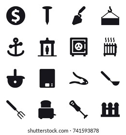 16 vector icon set : dollar coin, nail, construction, detector, safe, radiator, kitchen scales, walnut crack, ladle, big fork, grain elevator