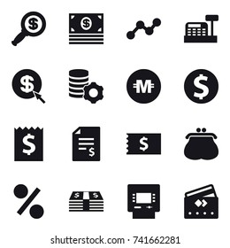 16 vector icon set : dollar magnifier, money, graph, cashbox, dollar arrow, virtual mining, crypto currency, dollar coin, receipt, account balance, purse, percent, atm, credit card