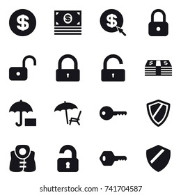 16 vector icon set : dollar, money, dollar arrow, lock, unlock, lounger, key, shield, life vest, unlocked