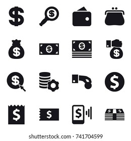 16 vector icon set : dollar, dollar magnifier, wallet, purse, money bag, money, money gift, dollar arrow, virtual mining, hand coin, dollar coin, receipt, mobile pay