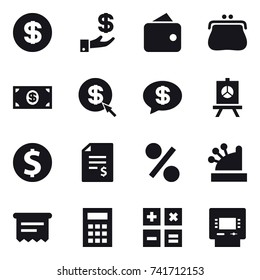 16 vector icon set : dollar, investment, wallet, purse, money, dollar arrow, money message, presentation, dollar coin, account balance, percent, cashbox, atm receipt, calculator, atm