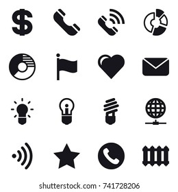 16 vector icon set : dollar, phone, call, circle diagram, flag, heart, mail, bulb, globe connect, wireless, star, radiator