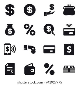 16 vector icon set : dollar, investment, purse, money bag, percent, dollar arrow, tap to pay, phone pay, hand coin, credit card, receipt, account balance, wallet