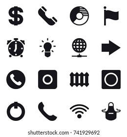 16 vector icon set : dollar, phone, circle diagram, flag, alarm clock, bulb, globe connect, right arrow, ring button, radiator, apron