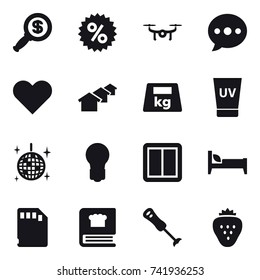 16 vector icon set : dollar magnifier, percent, drone, ballon, houses, uv cream, disco ball, bulb, power switch, bed, strawberry