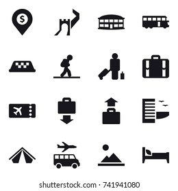 16 vector icon set : dollar pin, greate wall, airport building, bus, taxi, tourist, passenger, suitcase, ticket, baggage get, baggage, hotel, tent, transfer, landscape, bed